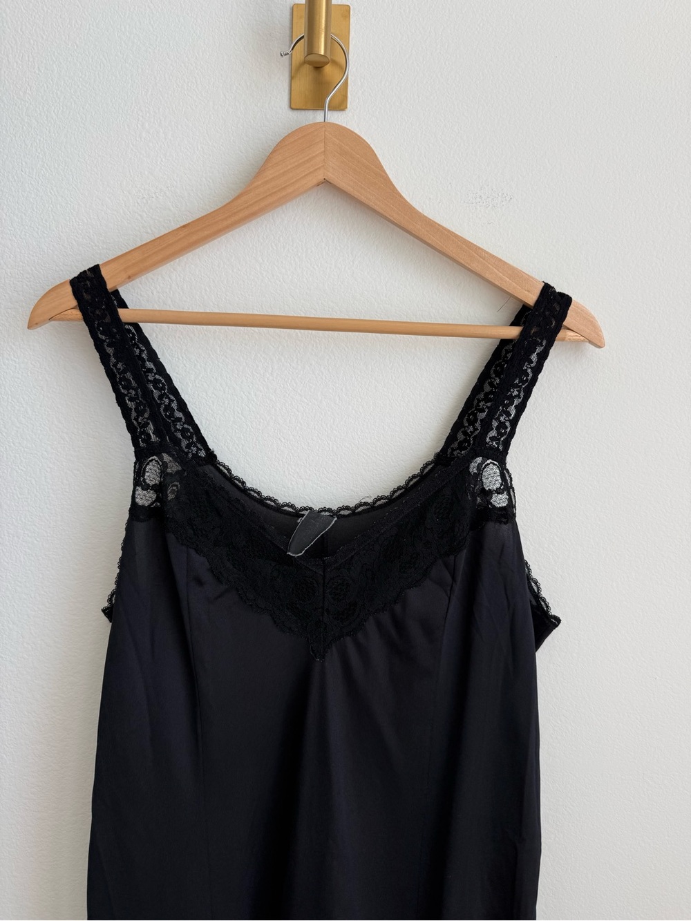 Vintage Black Satin Slip Dress Lace Trim Chemise Nightgown Lingerie One Size - Picture 4 of 5